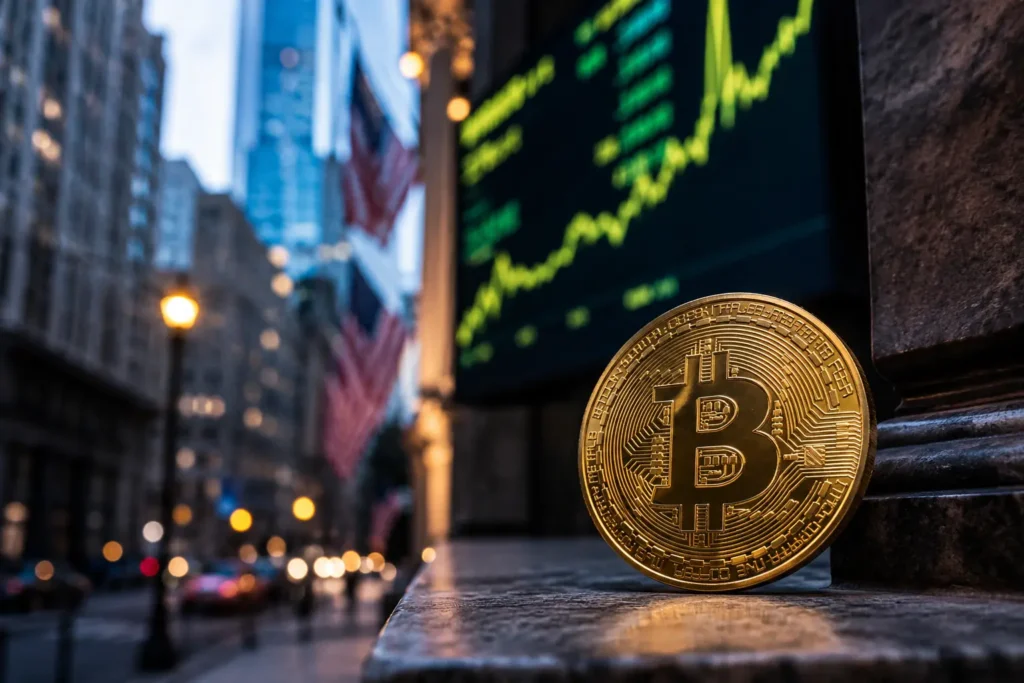 A gold bitcoin coin on a ledge in front of a rising stock ticker board on Wall Street, symbolizing the Bitcoin price rally 2026