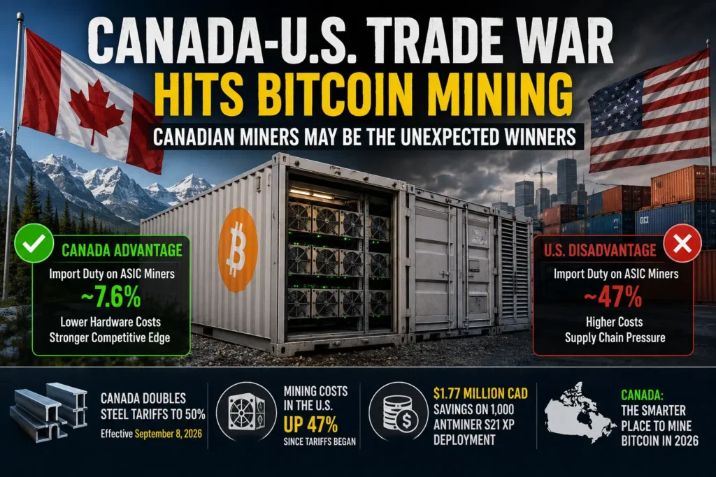 anada US tariff mining 2026 infographic: steel tariffs cut Bitcoin mining costs for Canadian miners
