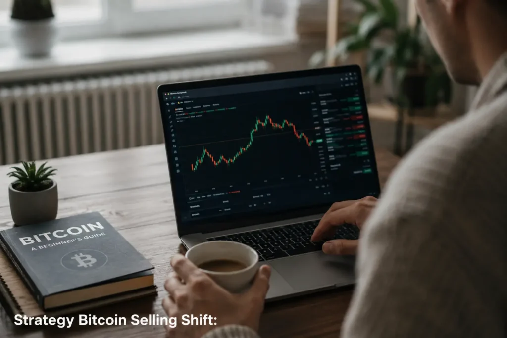 Investor reviewing a Bitcoin price chart on a laptop, illustrating the Strategy Bitcoin selling shift and its impact on Canadian investors