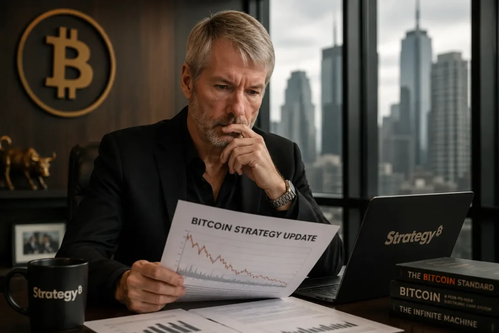 Strategy Bitcoin Selling Shift: executive reviewing a falling Bitcoin price chart beside a Strategy-branded laptop