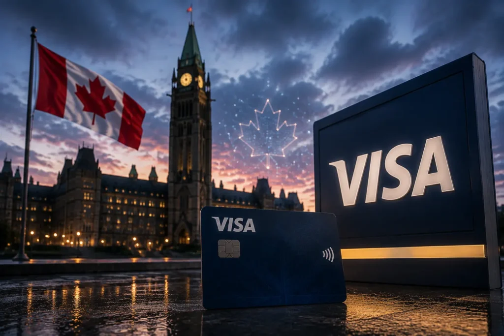 Visa card and sign beside Canada's Parliament at dusk, symbolizing the Visa stablecoin partner search in Canada