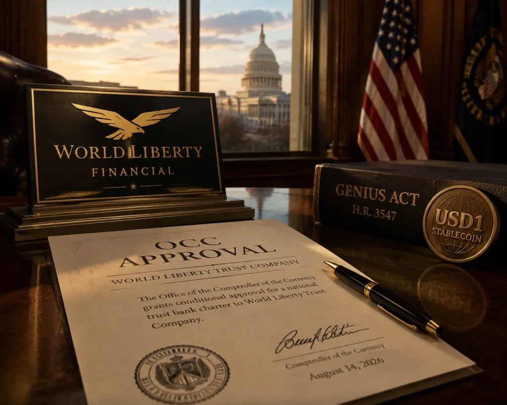 World Liberty bank charter approval letter from the OCC alongside the GENIUS Act and a USD1 stablecoin coin."