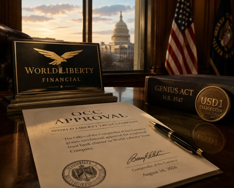 World Liberty bank charter approval letter from the OCC alongside the GENIUS Act and a USD1 stablecoin coin."