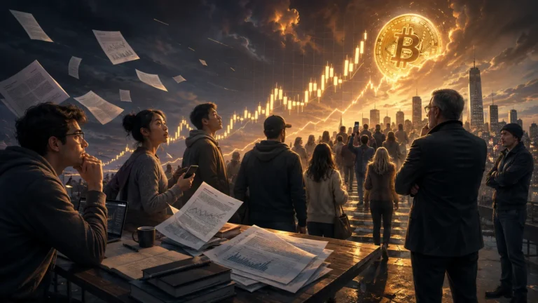 Analysts reviewing charts as a golden bitcoin rises over a city skyline, illustrating how a bitcoin rally attracts investors