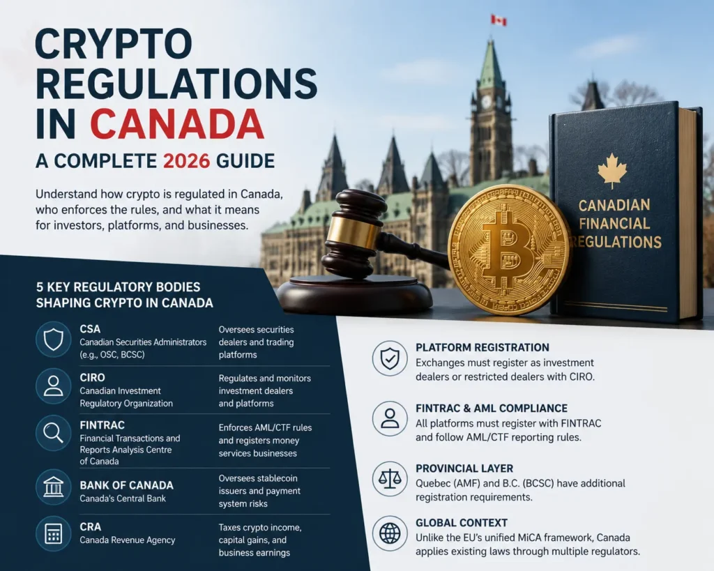 Infographic on crypto regulations in Canada showing the five key regulatory bodies — CSA, CIRO, FINTRAC, Bank of Canada, and CRA — along with platform registration, AML compliance, and provincial requirements