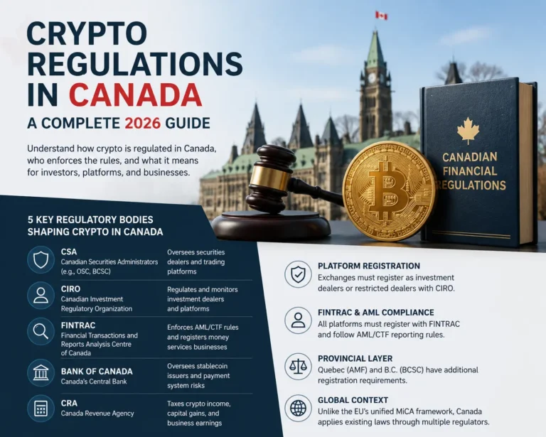 Infographic on crypto regulations in Canada showing the five key regulatory bodies — CSA, CIRO, FINTRAC, Bank of Canada, and CRA — along with platform registration, AML compliance, and provincial requirements