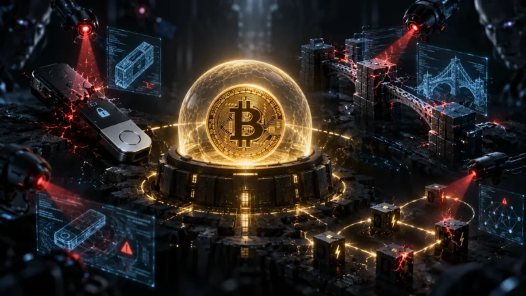 AI Bitcoin security vulnerabilities shown as robotic scanners probing a shielded Bitcoin coin, cracked hardware wallet, and bridge network