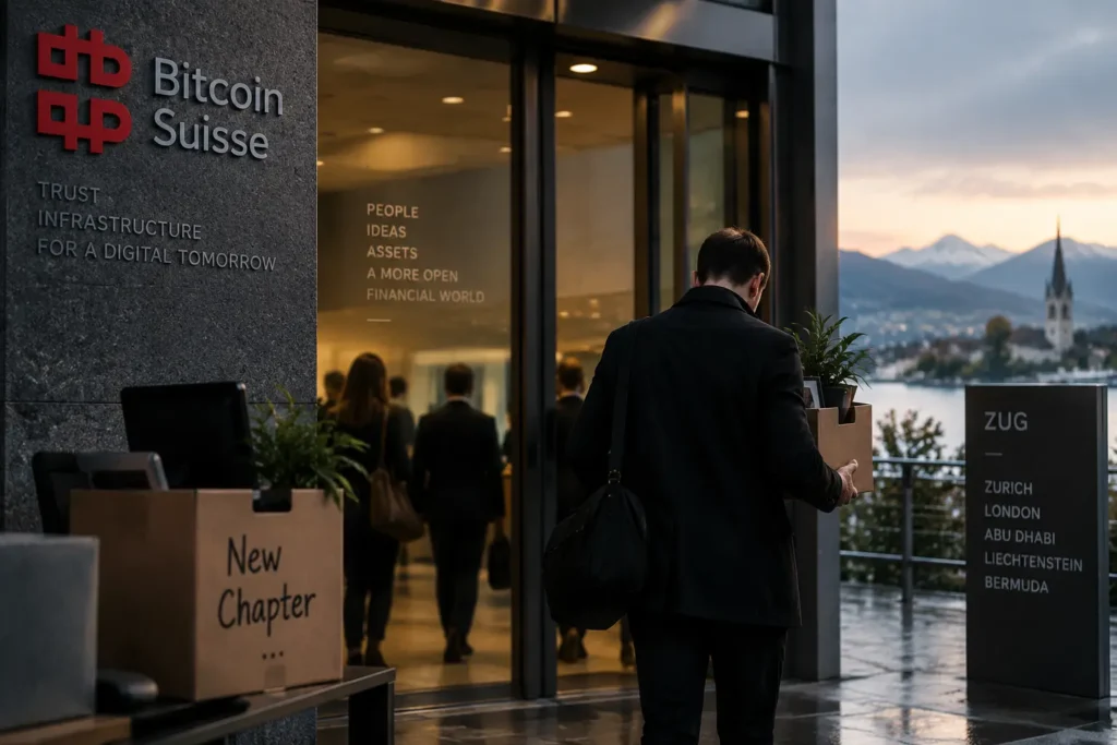 Bitcoin Suisse job cuts depicted by an employee carrying a box out of the Zug office