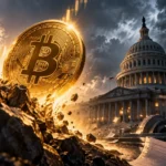 Bitcoin price CLARITY Act rebound shown as a gold bitcoin bursting from rubble beside the US Capitol amid scattered papers