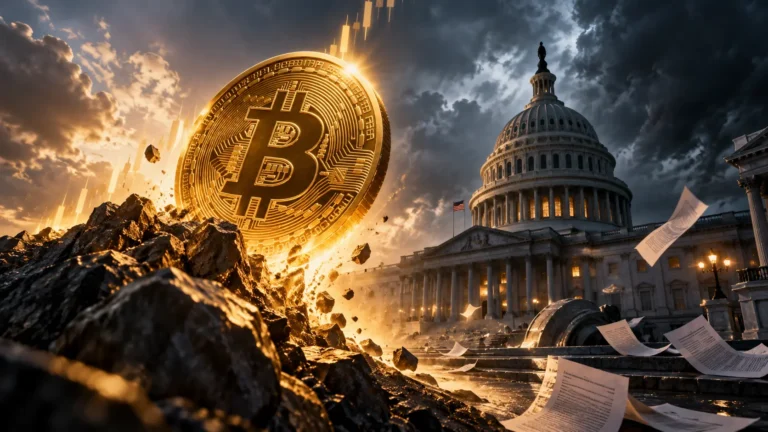 Bitcoin price CLARITY Act rebound shown as a gold bitcoin bursting from rubble beside the US Capitol amid scattered papers