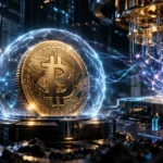 Bitcoin quantum computing risk shown as a golden coin inside a glowing shield beside a quantum computer
