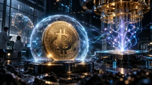 Bitcoin quantum computing risk shown as a golden coin inside a glowing shield beside a quantum computer