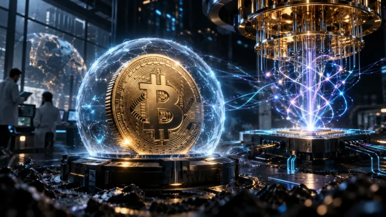 Bitcoin quantum computing risk shown as a golden coin inside a glowing shield beside a quantum computer