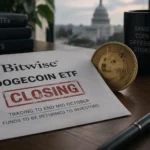 Bitwise Dogecoin ETF Closure illustration showing the BWOW fund shutting down after weak investor demand