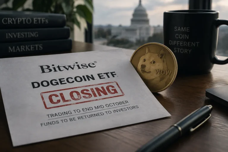 Bitwise Dogecoin ETF Closure illustration showing the BWOW fund shutting down after weak investor demand