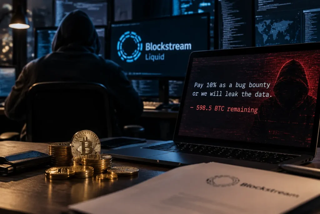 Blockstream Bitcoin ransom demand displayed on a hacked laptop with Bitcoin coins on the desk