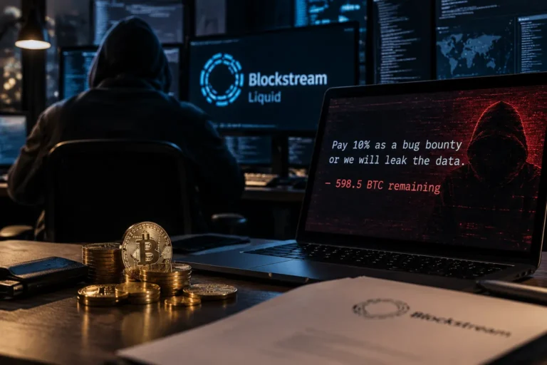 Blockstream Bitcoin ransom demand displayed on a hacked laptop with Bitcoin coins on the desk