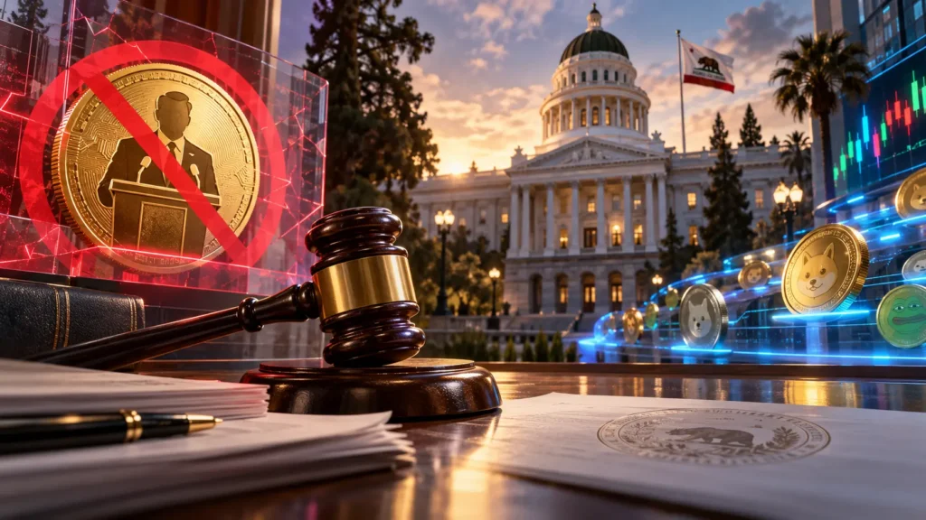 California meme coin law shown as a banned politician coin beside a gavel, the State Capitol, and trading meme coins