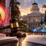 California meme coin law shown as a banned politician coin beside a gavel, the State Capitol, and trading meme coins
