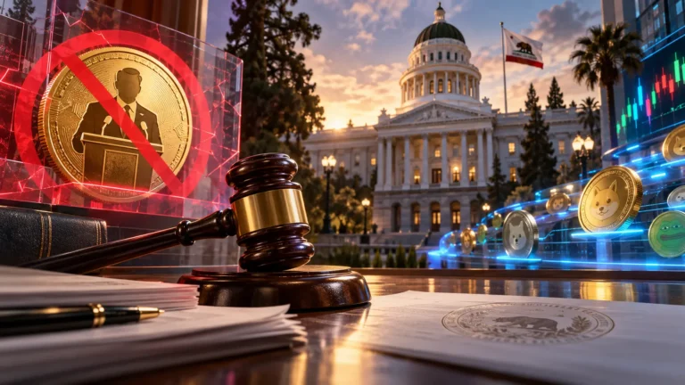 California meme coin law shown as a banned politician coin beside a gavel, the State Capitol, and trading meme coins