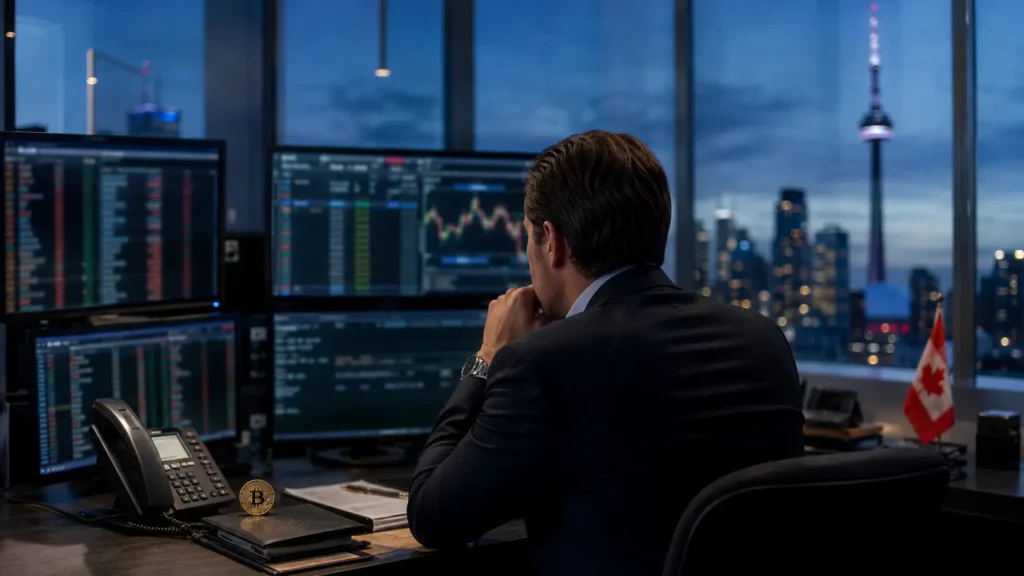 Coinbase crypto futures Canada trader watching Bitcoin charts with Toronto's CN Tower in view