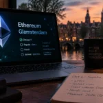 Ethereum Glamsterdam testnet warning roadmap shown on a laptop with Sepolia's Oct. 6 date, notes, and Amsterdam canal view