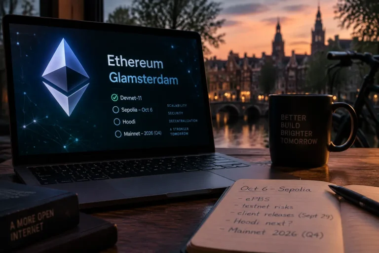 Ethereum Glamsterdam testnet warning roadmap shown on a laptop with Sepolia's Oct. 6 date, notes, and Amsterdam canal view