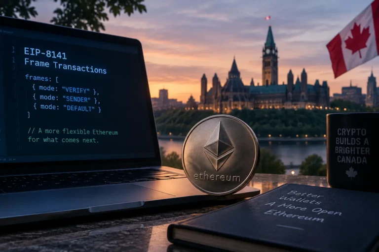 Ethereum frame transactions plan illustrated as glowing contract-call frames feeding into a single blockchain transaction envelope