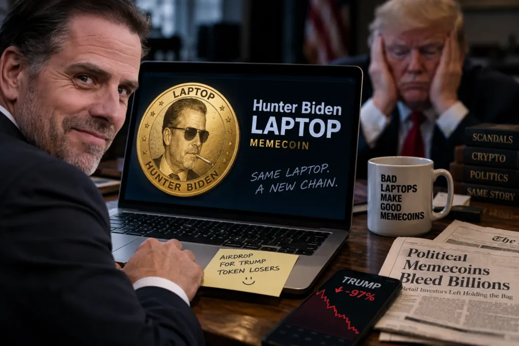 Hunter Biden LAPTOP memecoin coin displayed on a laptop screen, with Trump looking distressed in the background