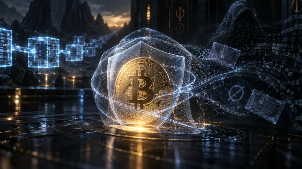 Shielded Bitcoin privacy proposal shown as a gold bitcoin in a glass shield beside encrypted notes and blockchain blocks