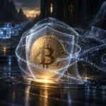 Shielded Bitcoin privacy proposal shown as a gold bitcoin in a glass shield beside encrypted notes and blockchain blocks
