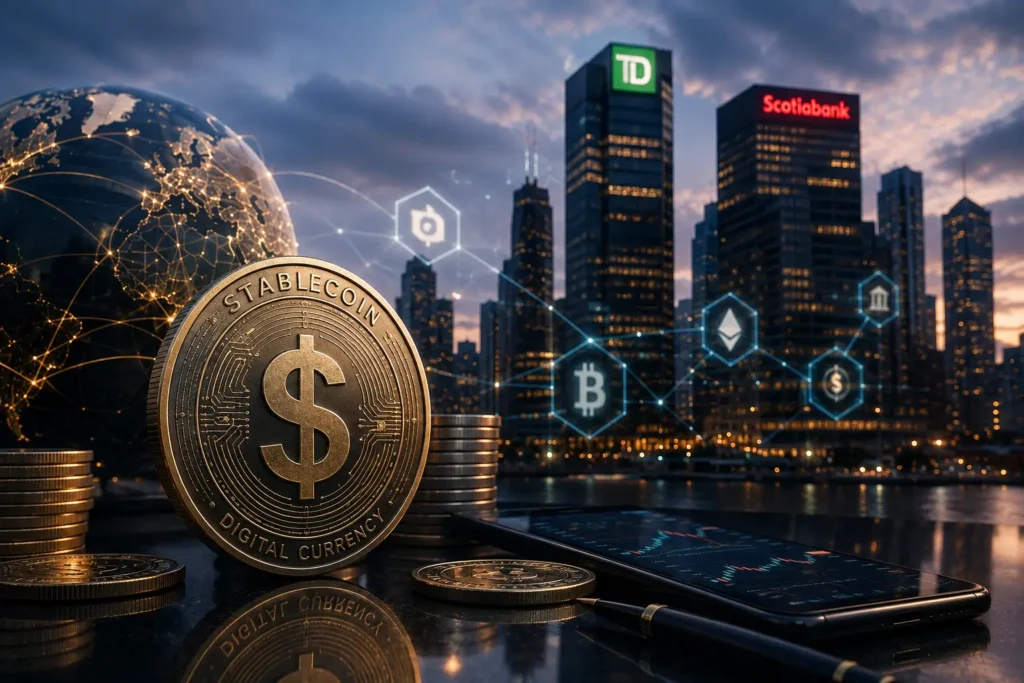 TD Bank and Scotiabank towers behind a glowing stablecoin coin, illustrating the TD Scotiabank stablecoin venture](td-scotiabank-stablecoin-venture