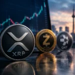 XRP price discovery 2026: XRP, Zcash and QNT coins in front of a candlestick chart and Toronto skyline at sunset