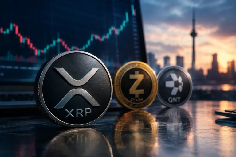XRP price discovery 2026: XRP, Zcash and QNT coins in front of a candlestick chart and Toronto skyline at sunset