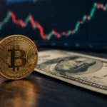 Bitcoin US dollar correlation shown by a gold bitcoin coin beside a $100 bill with a candlestick price chart behind
