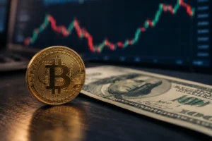 Bitcoin US dollar correlation shown by a gold bitcoin coin beside a $100 bill with a candlestick price chart behind
