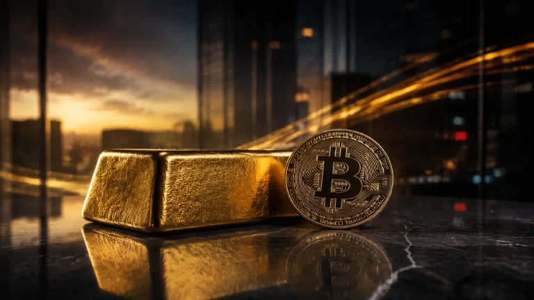Bitcoin gold debasement trade shown as a gold bar and coin against a city skyline