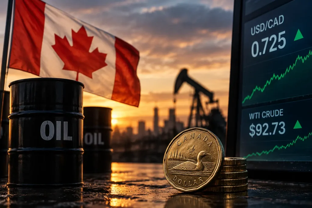 Canadian dollar oil rally: Canada Dollar coin beside oil barrels and a rising USD/CAD and WTI crude chart