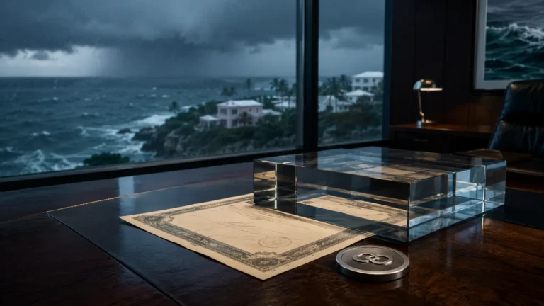 Catastrophe bond tokenization plans depicted through a storm over Bermuda, a bond certificate, and a blockchain token coin on a desk
