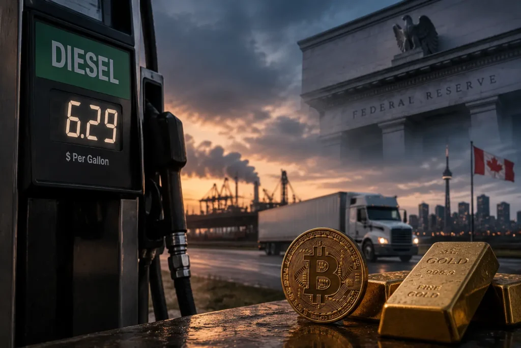 Diesel prices crypto market scene: $6.29 diesel pump, bitcoin and gold bars, Federal Reserve building, Canadian skyline.