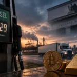 Diesel prices crypto market scene: $6.29 diesel pump, bitcoin and gold bars, Federal Reserve building, Canadian skyline.