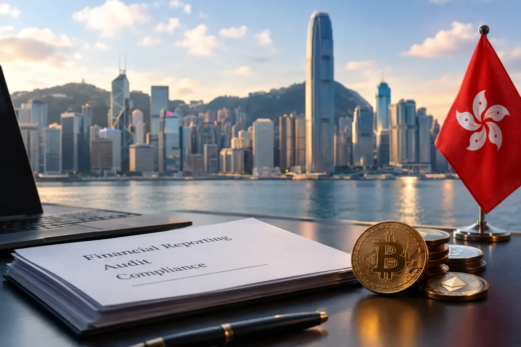 Hong Kong crypto reporting and audit papers beside bitcoin coins and a Hong Kong flag, Victoria Harbour skyline behind