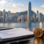 Hong Kong crypto reporting and audit papers beside bitcoin coins and a Hong Kong flag, Victoria Harbour skyline behind