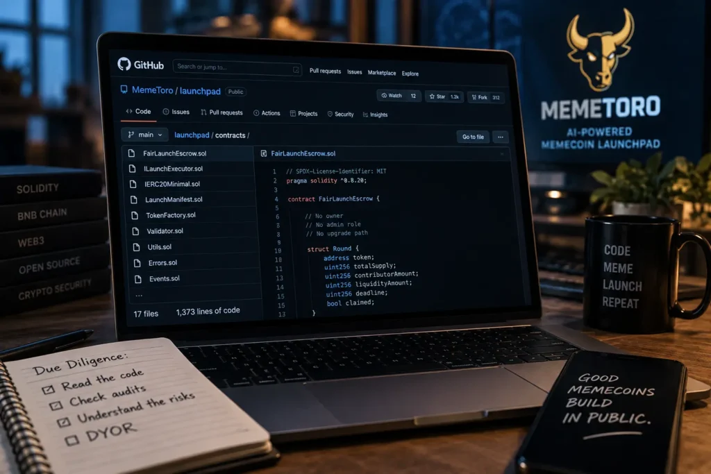 Open source memecoin launchpad code on GitHub, showing FairLaunchEscrow.sol beside a due diligence checklist on a desk