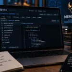Open source memecoin launchpad code on GitHub, showing FairLaunchEscrow.sol beside a due diligence checklist on a desk