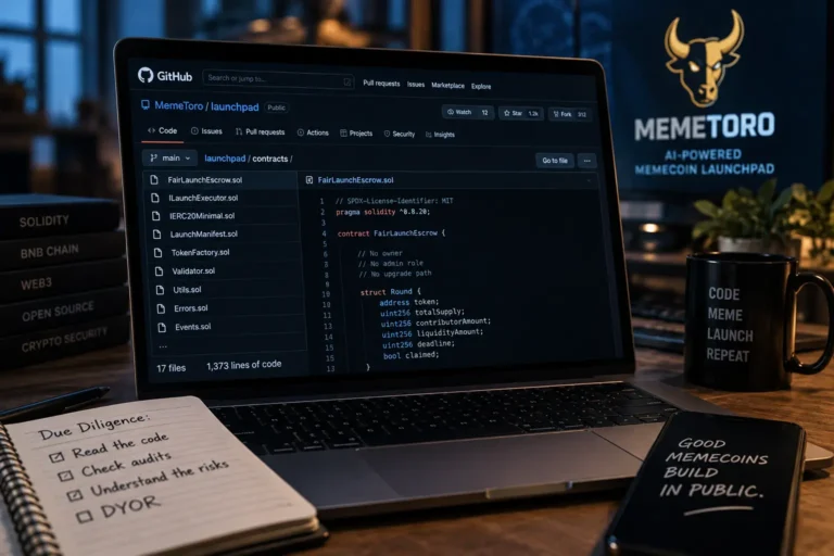 Open source memecoin launchpad code on GitHub, showing FairLaunchEscrow.sol beside a due diligence checklist on a desk