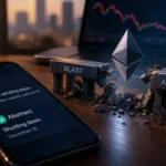 Ethereum layer 2 economics shown as Blast and Abstract stone bridges crumble beneath an Ethereum logo