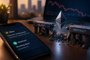 Ethereum layer 2 economics shown as Blast and Abstract stone bridges crumble beneath an Ethereum logo