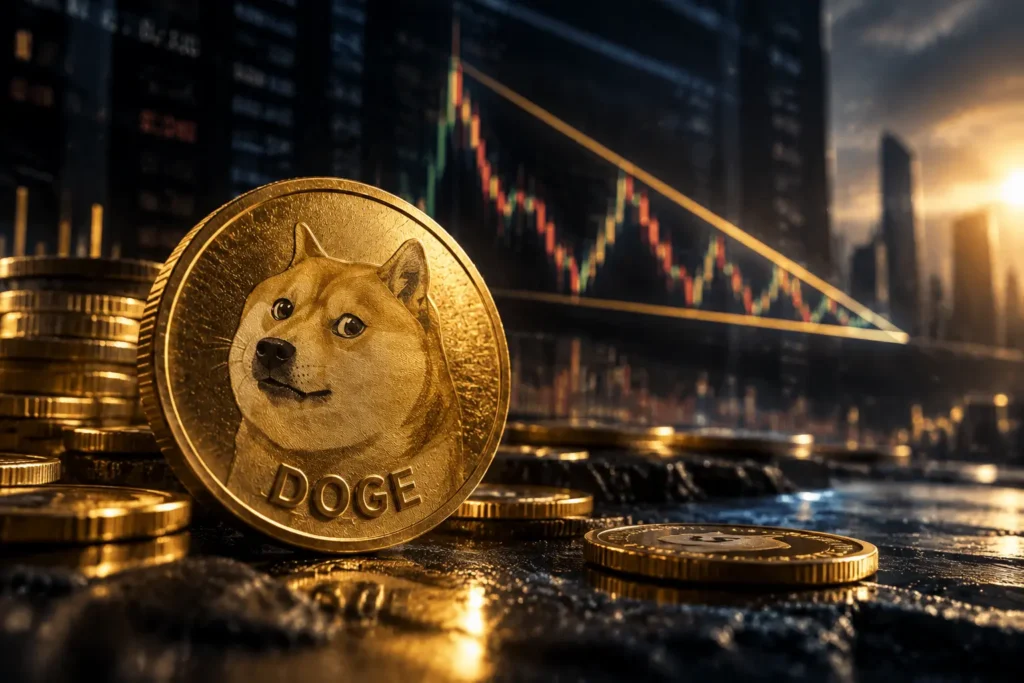 Dogecoin price breakout level shown by a gold DOGE coin in front of a descending triangle candlestick chart at sunset