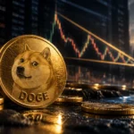 Dogecoin price breakout level shown by a gold DOGE coin in front of a descending triangle candlestick chart at sunset